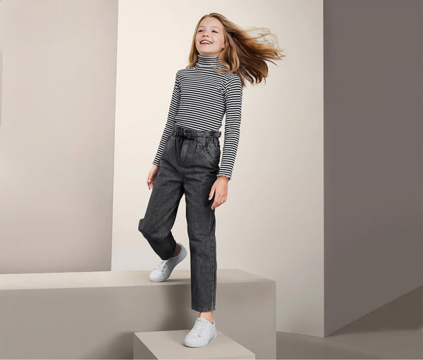 Детски памучни дънки за момиче с висока талия, сиви