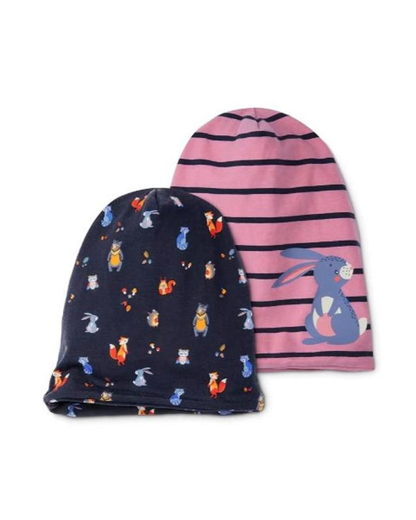 Комплект 2 бр памучни бебешки шапки, розова/синя с щампа