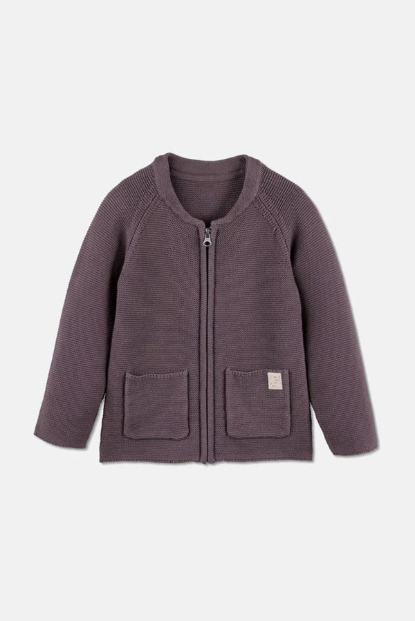 Памучна детска плетена жилетка, сива/тъмно лилава