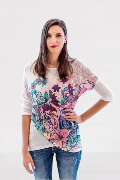 Desigual Women's long-sleeved blouse, white with print and sequins