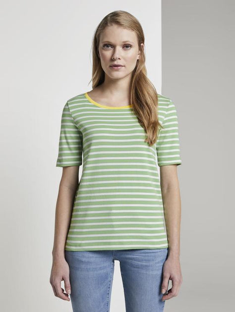 Дамска памучна тениска TOM TAILOR, зелено-бяло райе