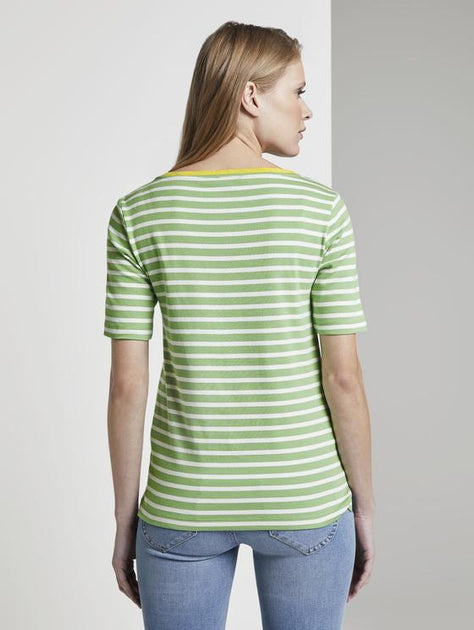 Дамска памучна тениска TOM TAILOR, зелено-бяло райе