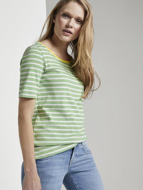 Дамска памучна тениска TOM TAILOR, зелено-бяло райе
