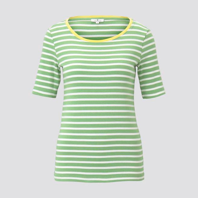 Дамска памучна тениска TOM TAILOR, зелено-бяло райе