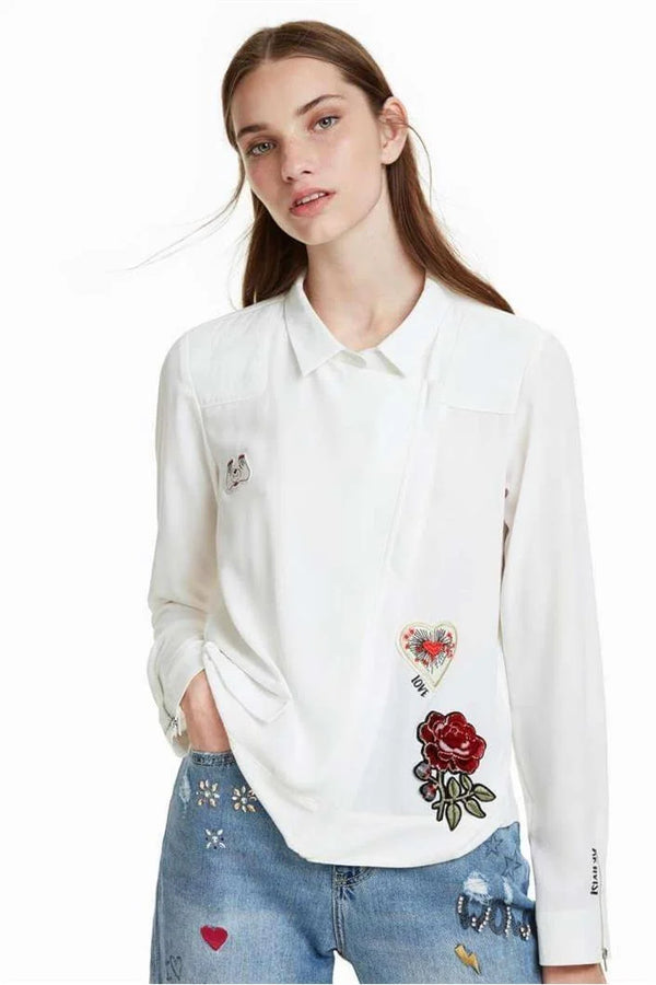 Desigual Women's long-sleeved blouse with front zipper, white with print