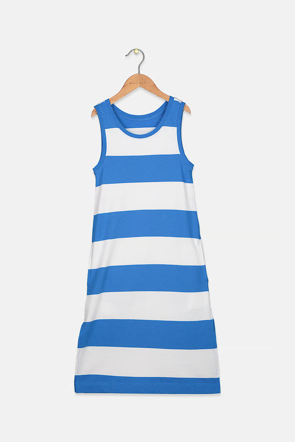 Детска памучна рокля, бяла-синя райе