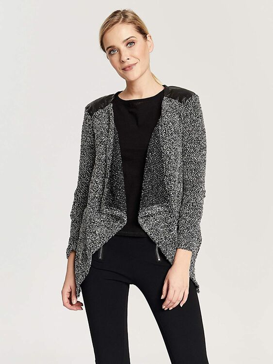 Дамска плетена жилетка Haylis с кожени акценти, черно-сиво меланж