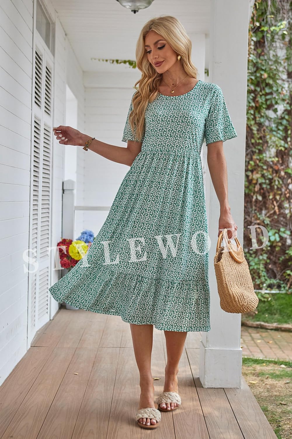 STYLEWORD Women's elegant dress, green with white flowers