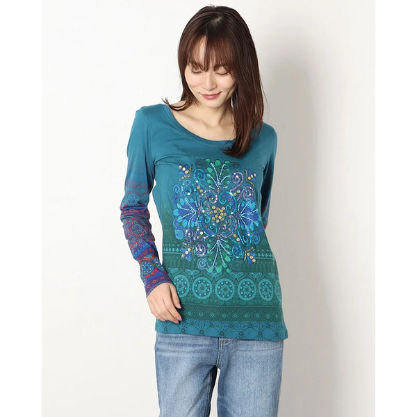 Desigual Дамска памучна блуза с щампа и пайети, синя