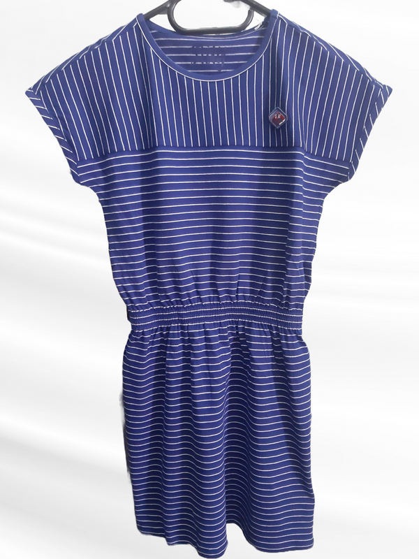 Детска памучна рокля, синя с бели райета