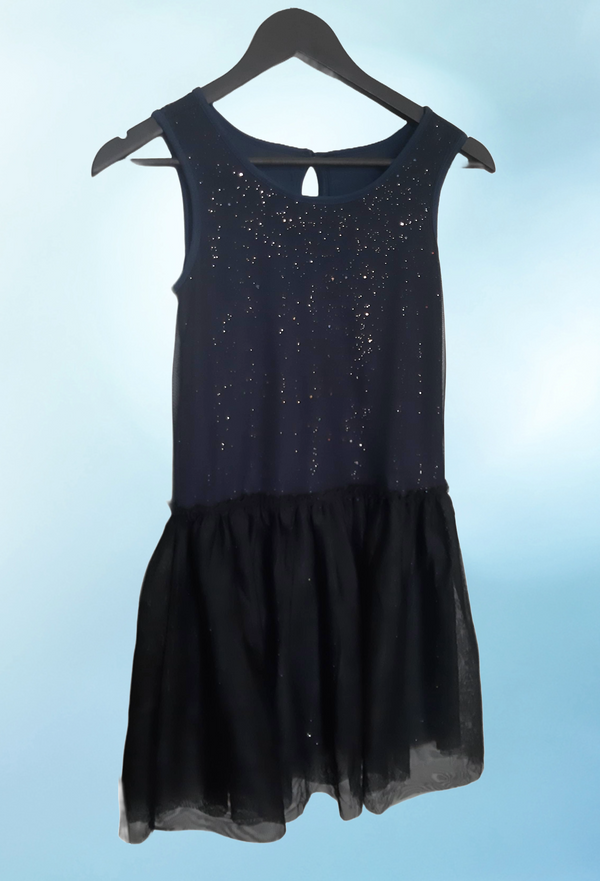 Детска елегантна рокля с трико и тюл, тъмно синя