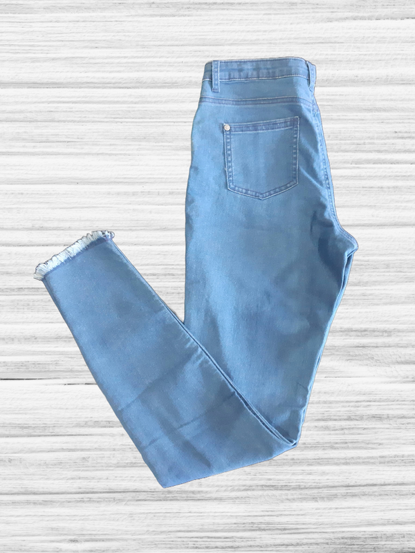 Детски памучни еластични дънки за момиче с висока талия, светло сини