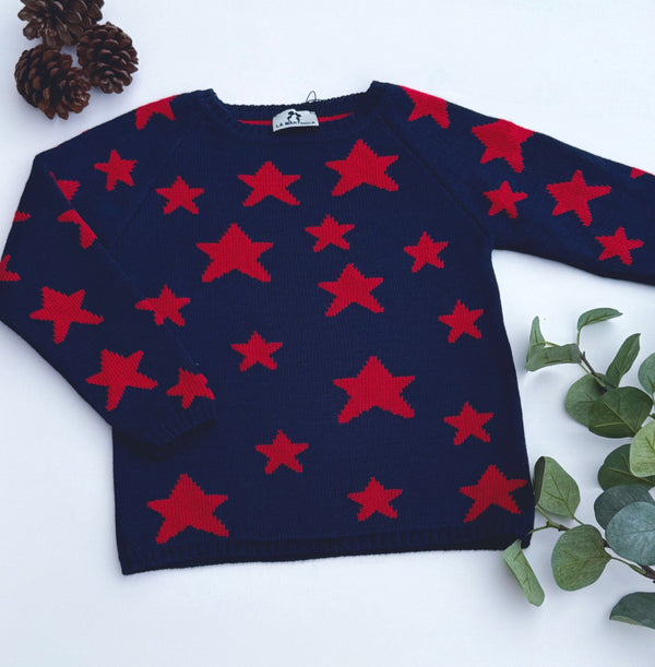 Детски плетен пуловер от органичен памук, син с червени звезди
