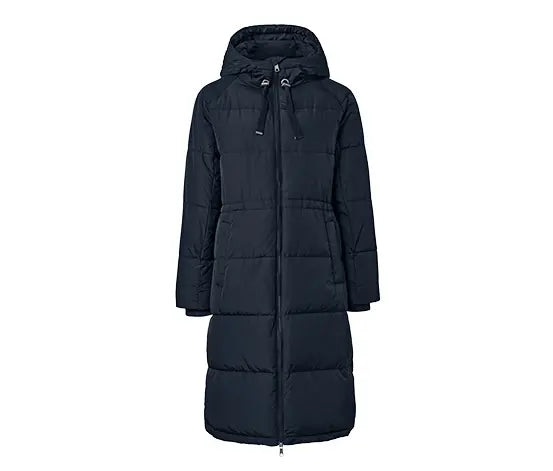 Дамско ватирано яке с качулка, тъмно синьо с червен ?
астар, M