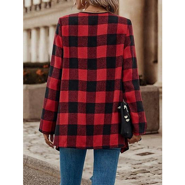 Дамско спортно-елегантно палто с цип, червено-черно каре, S