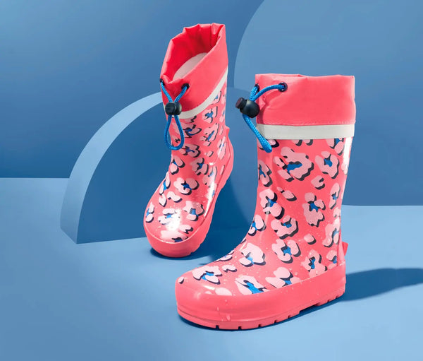 Детски гумени ботуши, цвят корал с леопардов принт, 24-25