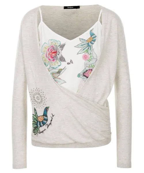 Desigual sweater with sewn-in tank top, white/ash with print