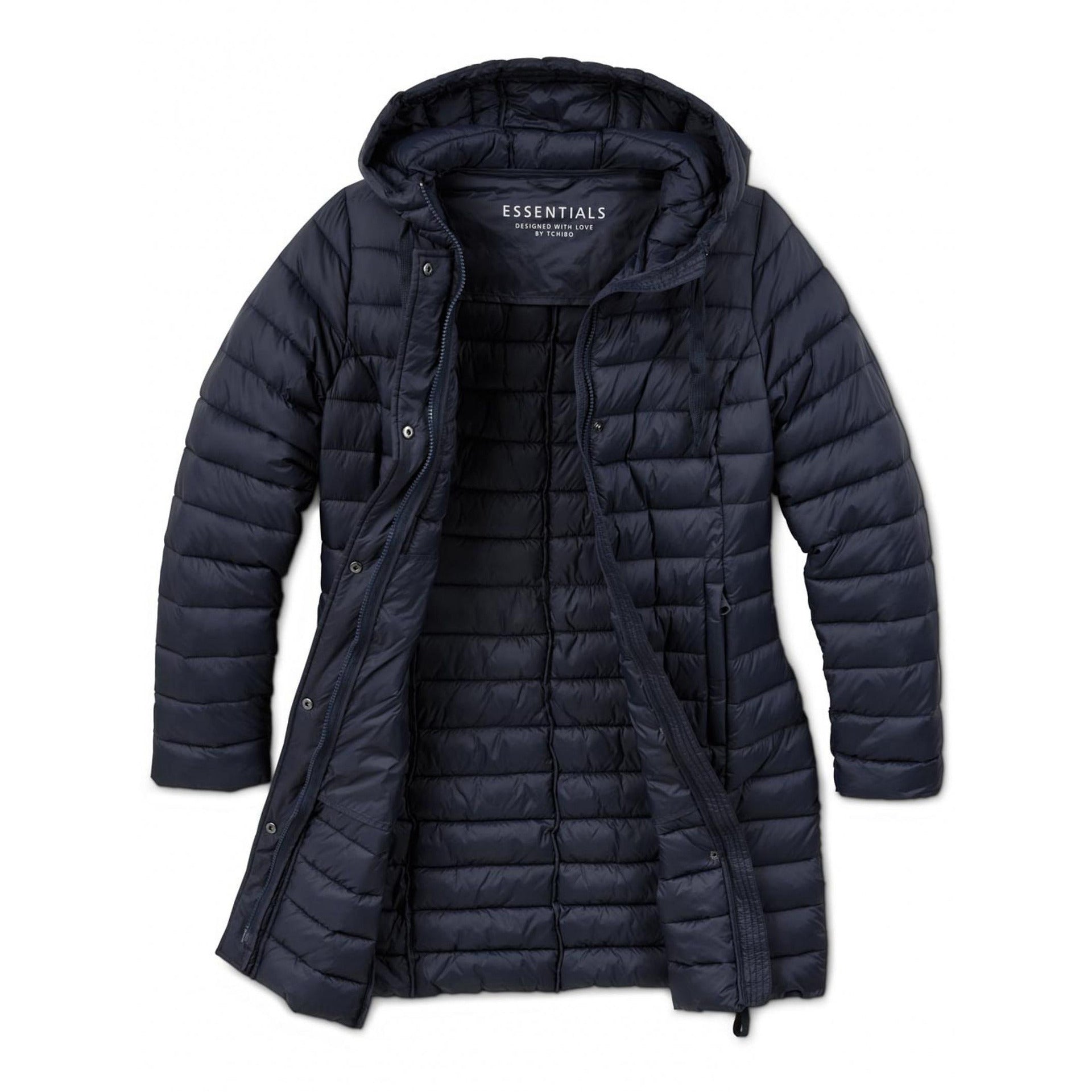 Дълго зимно яке с качулка, тъмносиньо, 46