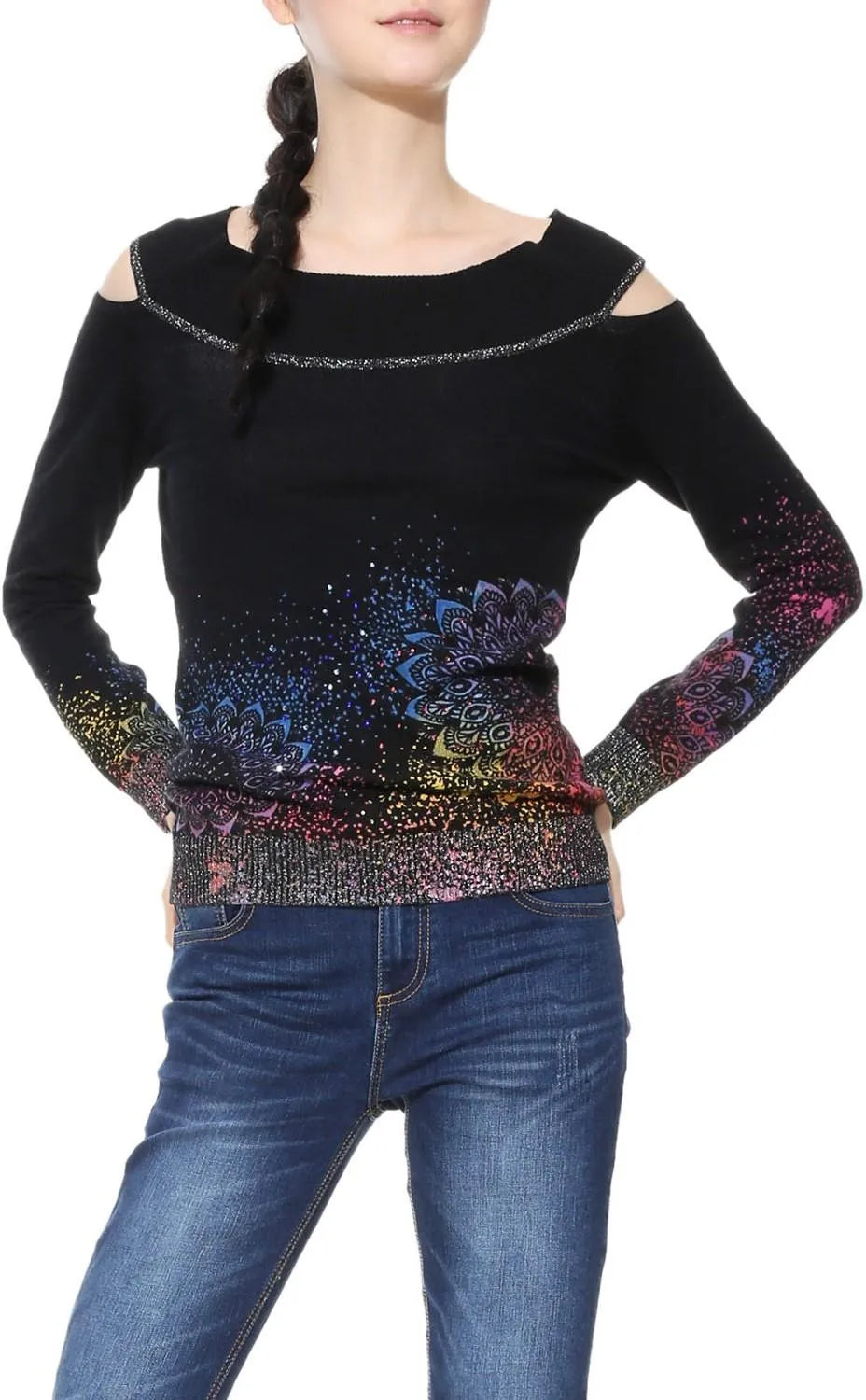 Desigual Women's long-sleeved blouse, black with print
