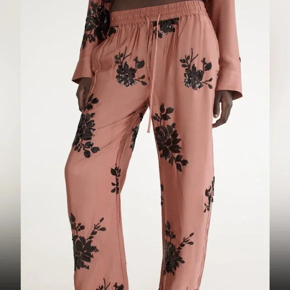 NNWM Women's loose straight satin pants, beige with flowers