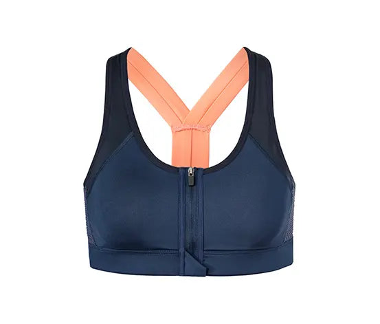 Спортен сутиен с преден цип, синьо-оранжев