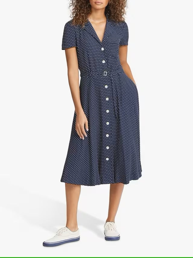 Ralph Lauren Elegant summer dress with short sleeves, blue polka dots