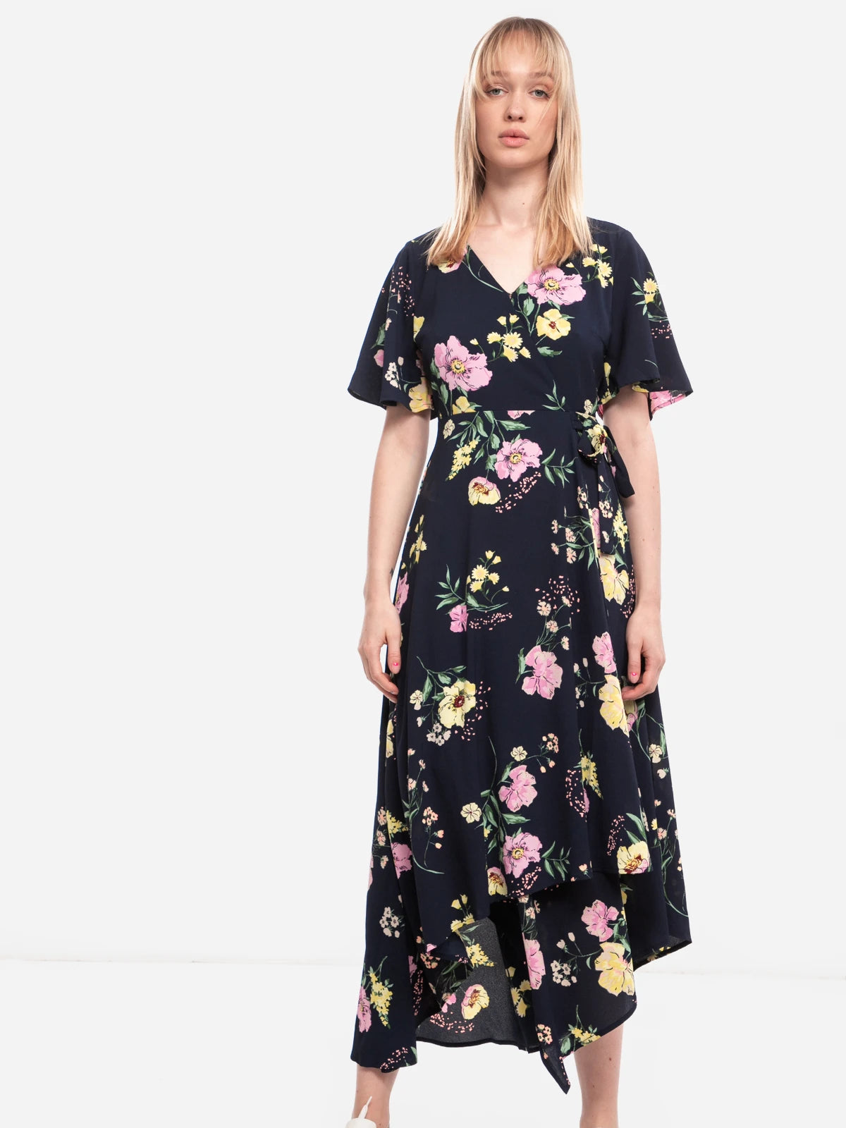 TOM TAILOR Women's airy summer dress with short sleeves, dark blue with floral print