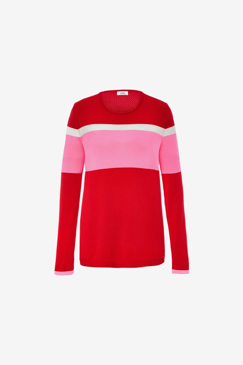 Women's fine knit sweater with color blocks, red/pink