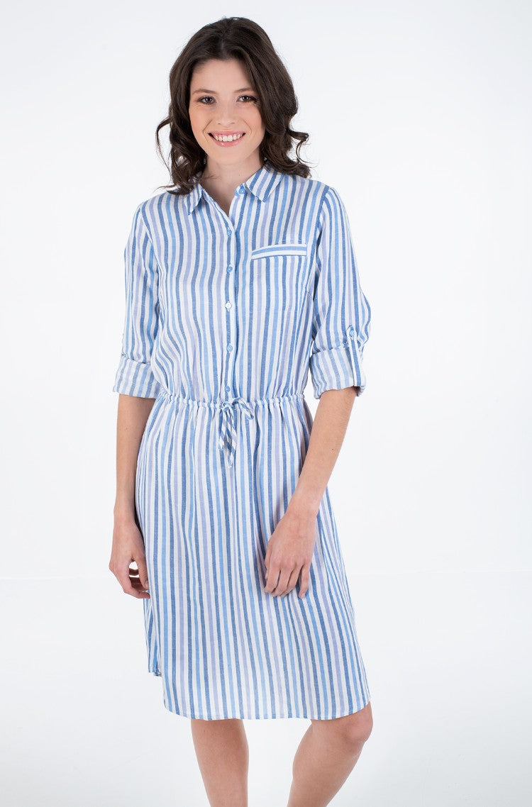 TOM TAILOR Women's linen dress with long sleeves, white and blue stripes