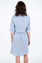 TOM TAILOR Women's linen dress with long sleeves, white and blue stripes