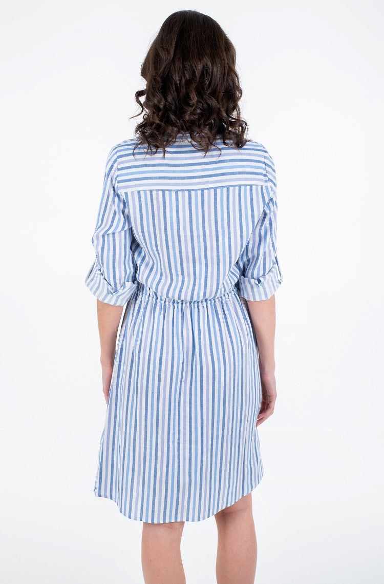 TOM TAILOR Women's linen dress with long sleeves, white and blue stripes