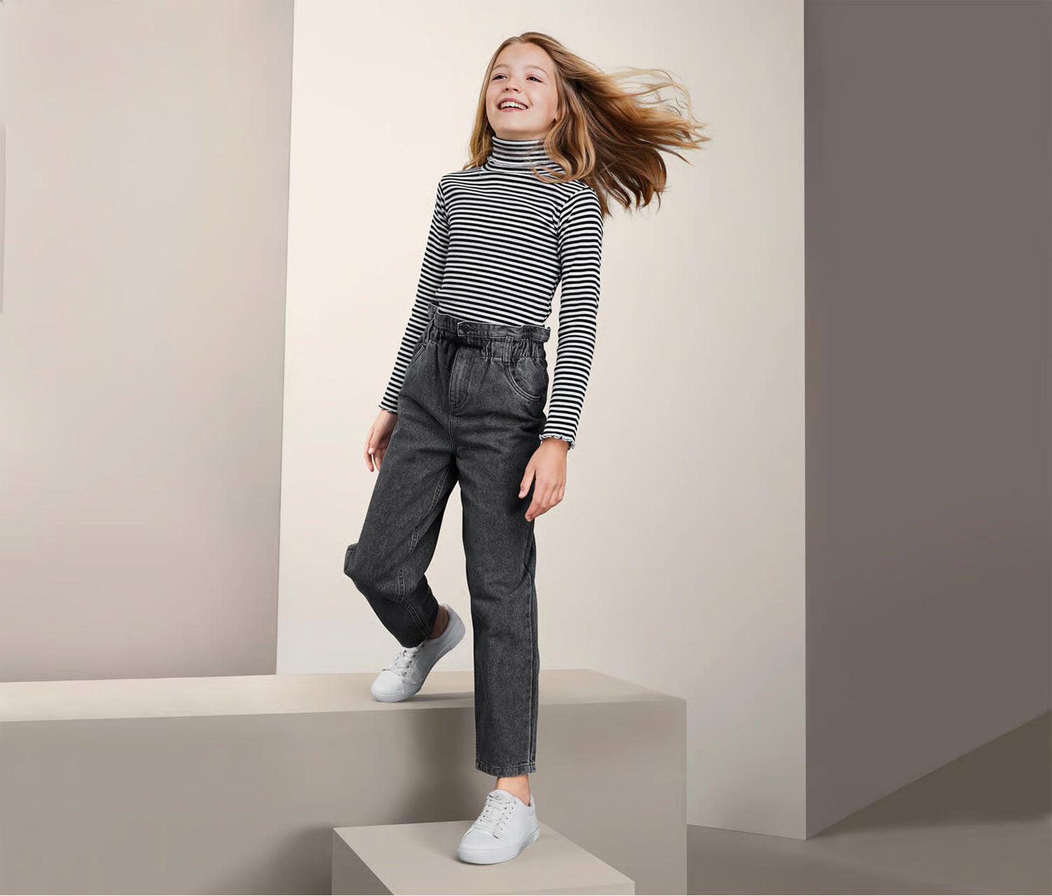 Children's cotton jeans for girls with high waist, gray