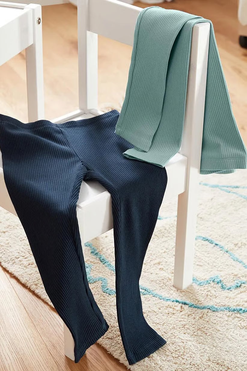 Set of 2 children's cotton leggings, green and blue 
