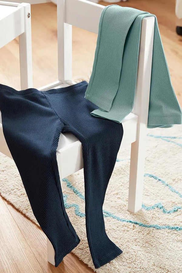 Set of 2 children's cotton leggings, green and blue 