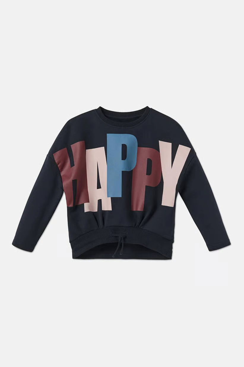 Детска памучна блуза с дълъг, синя с принт HAPPY