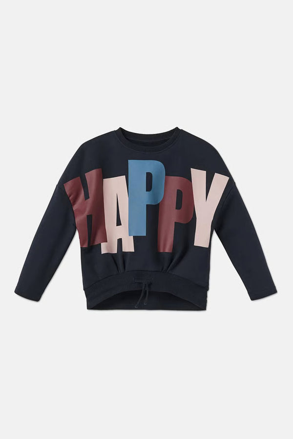 Детска памучна блуза с дълъг, синя с принт HAPPY