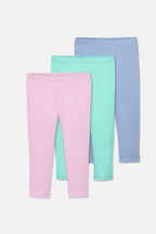 Set of 3 children's elastic cotton leggings, pink/blue/green 