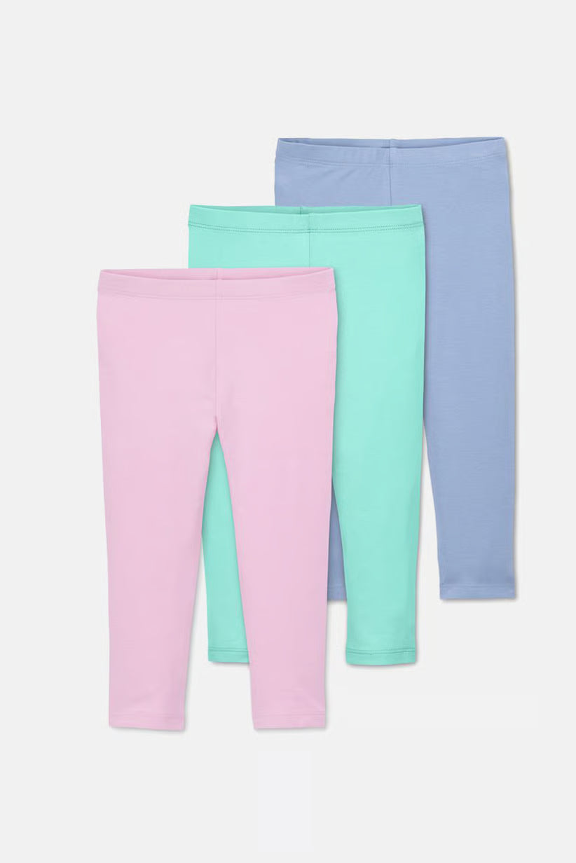 Set of 3 children's elastic cotton leggings, pink/blue/green 
