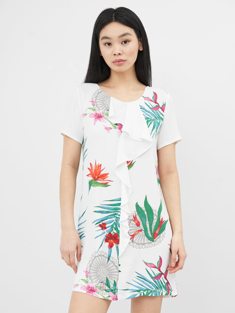 Desigual Women's short-sleeved dress, white with floral motifs
