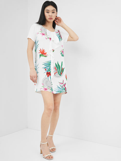 Desigual Women's short-sleeved dress, white with floral motifs