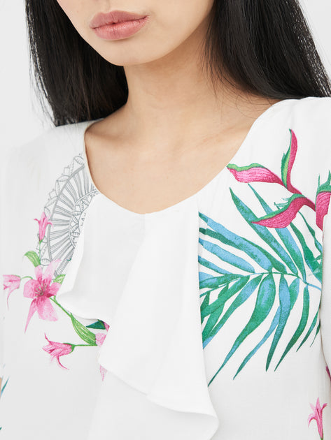 Desigual Women's short-sleeved dress, white with floral motifs