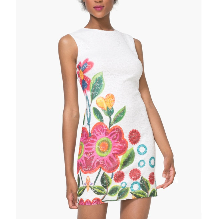 Desigual Women's lace short dress, white with flower print