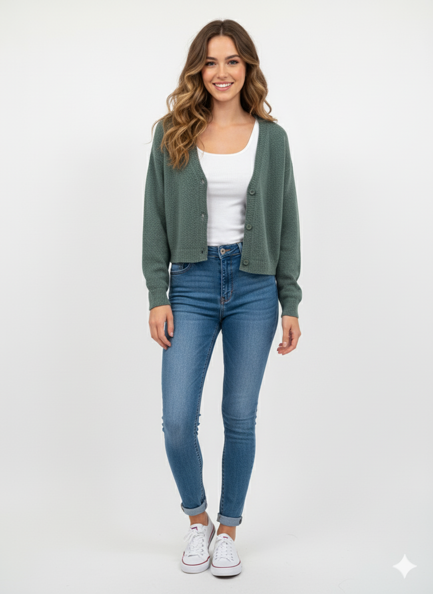 Fire & Glory Дамска Есенно-Зимна жилетка от фино плетиво, зелена