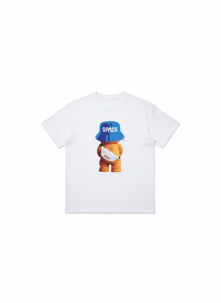 ZAFUL Мъжка памучна тениска с принт мече SPACE, бяла