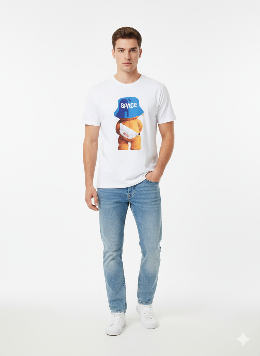 ZAFUL Мъжка памучна тениска с принт мече SPACE, бяла