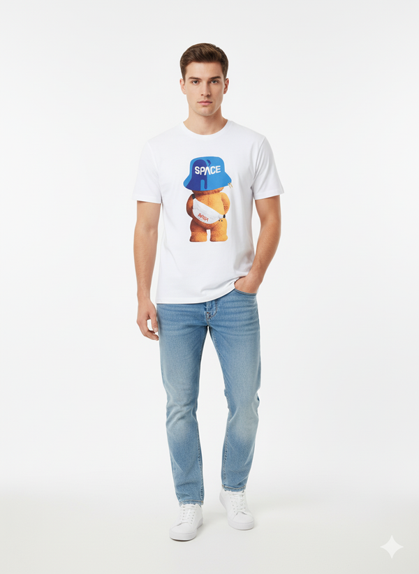 ZAFUL Мъжка памучна тениска с принт мече SPACE, бяла