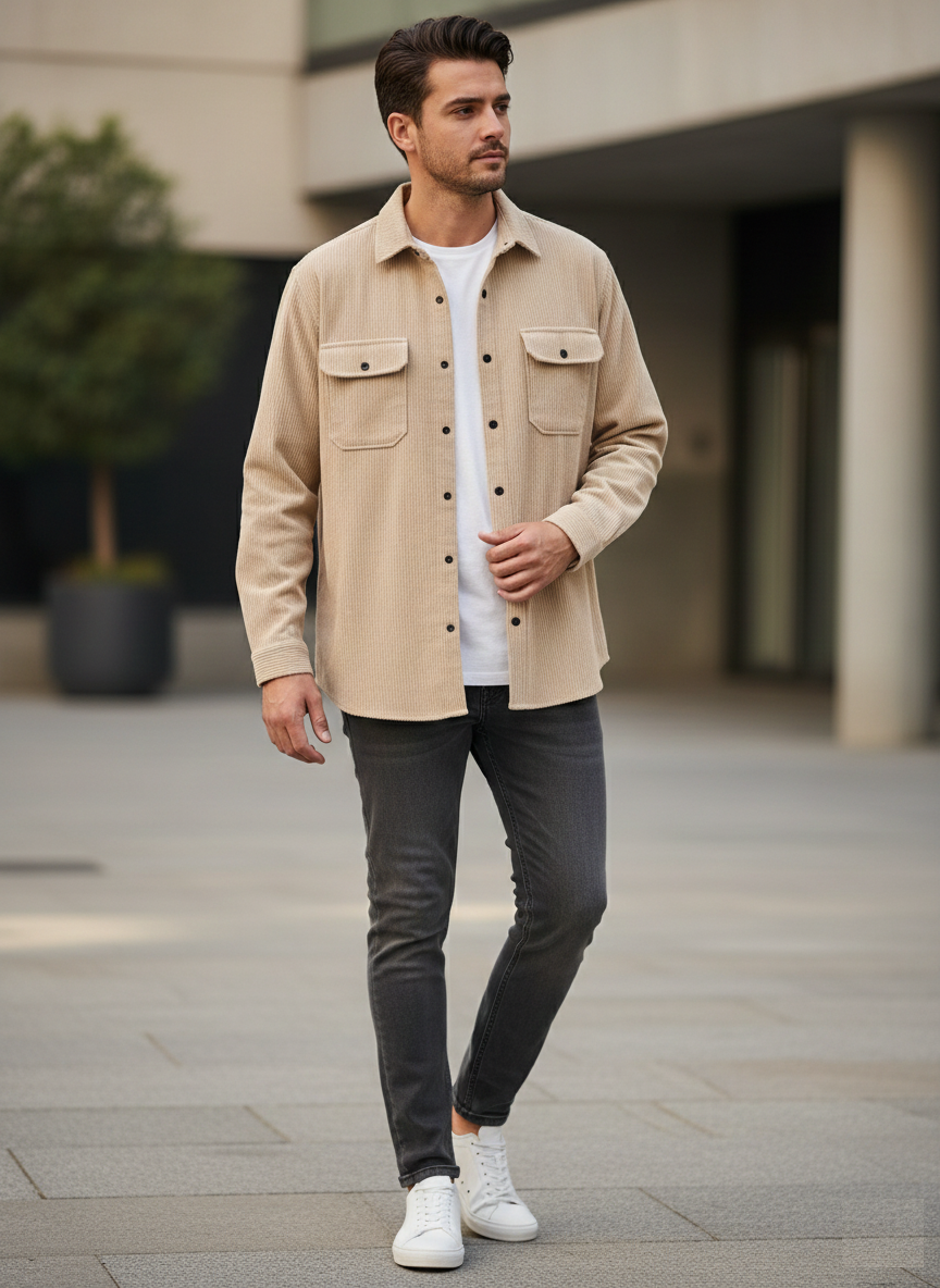 Мъжка кадифена риза с дълъг ръкав ZAFUL, бежова