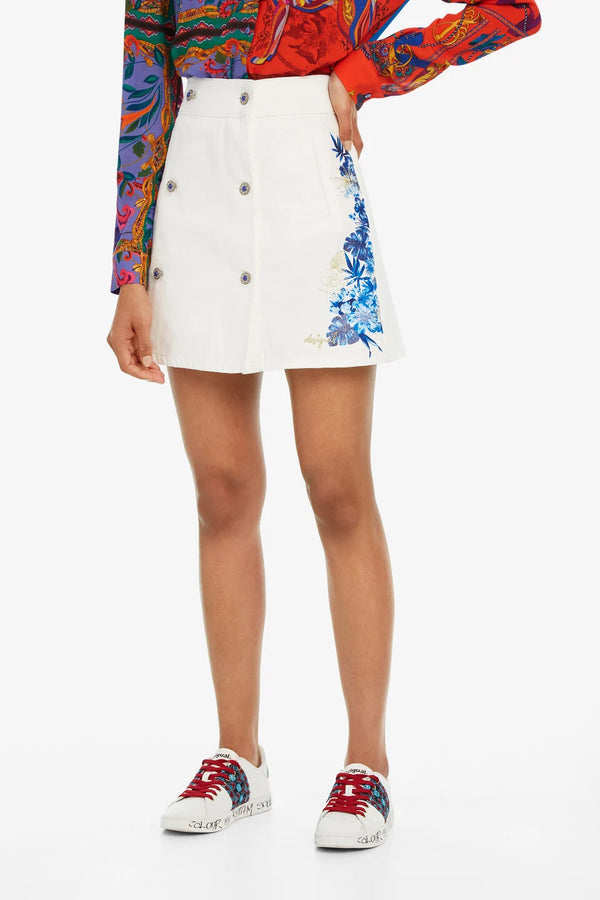 Desigual Дамска дънкова пола, бяла с щампа цветя
