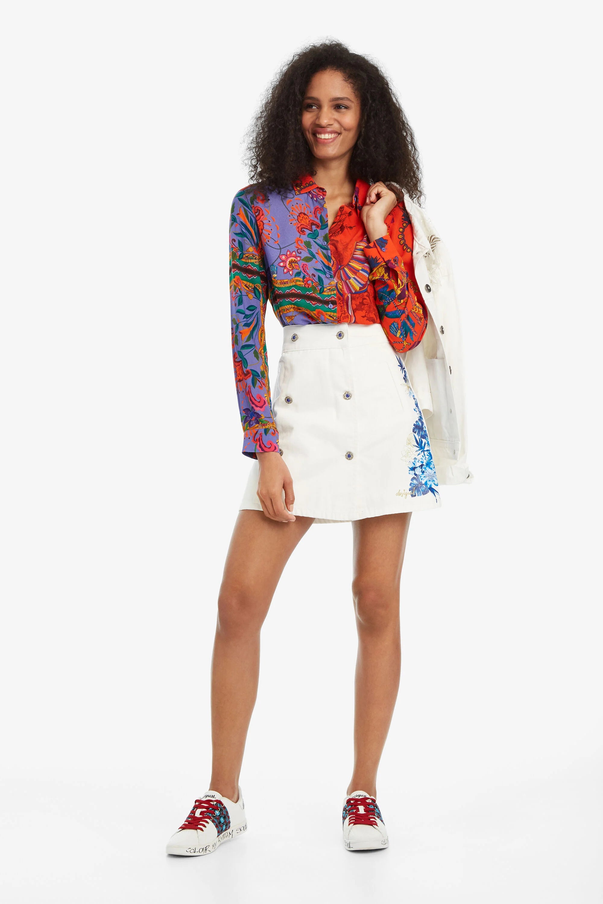 Desigual Women's denim skirt, white with flower print