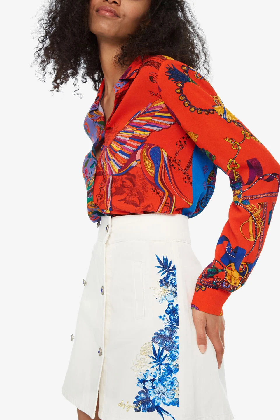 Desigual Women's denim skirt, white with flower print